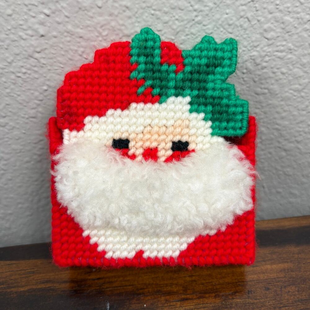Plastic Canvas Needlepoint Stichery Handmade Santa Coaster Set of 6 Christmas